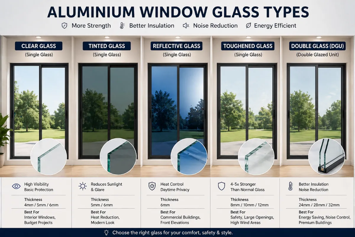 Aluminium window glass types comparison toughened laminated DGU